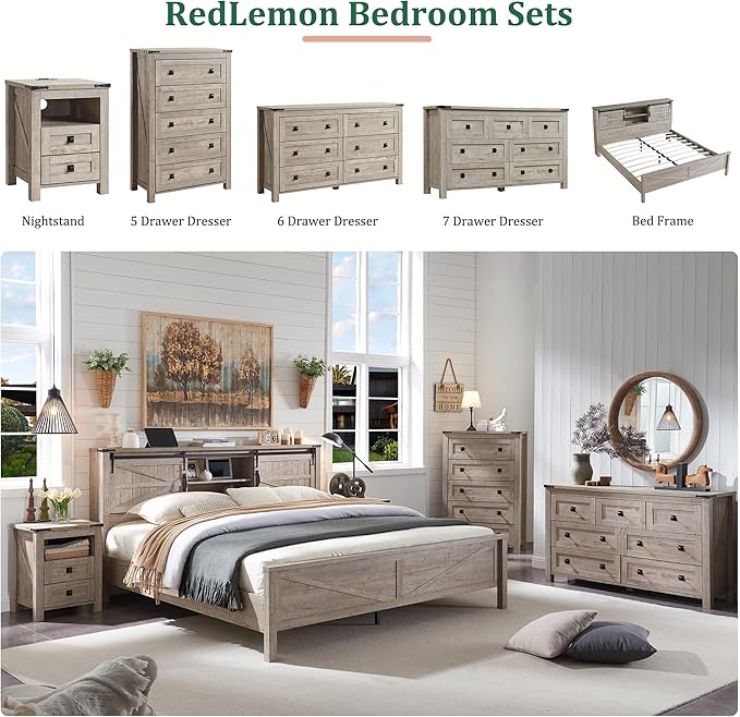 RedLemon Farmhouse Nightstand with Charging Station, Rustic 18 Inch End Table with 2 Storage Drawers and Open Shelf, Wood Sofa Side Table for Bedroom, Living Room (Light Rustic Oak)