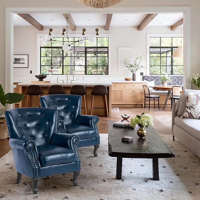 MOJAY PU Leather Accent Chair, Mid-Century Modern Armchair Living Room Club Chair with Tufted Button & Rivet Trim, Upholstered Sofa Chair with Sturdy Wood Legs for Bedroom (Navy)