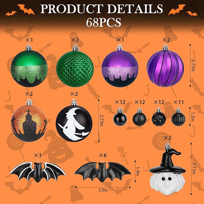 68pcs Halloween Ornaments for Small Tree,Shatterproof Halloween Christmas Tree Decorations Hanging Ball Ornaments Set with Bat and Witch Decor for Party Indoor Home Decor