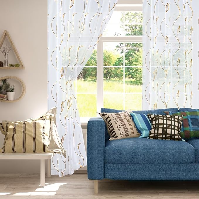 Gold Foil Print Sheer Curtains 90 inches Long, 2 Panels Wicker Bronzing Treatment Sheer Curtain, Rod Pocket Window Treatment Panels for Bedroom Living Room