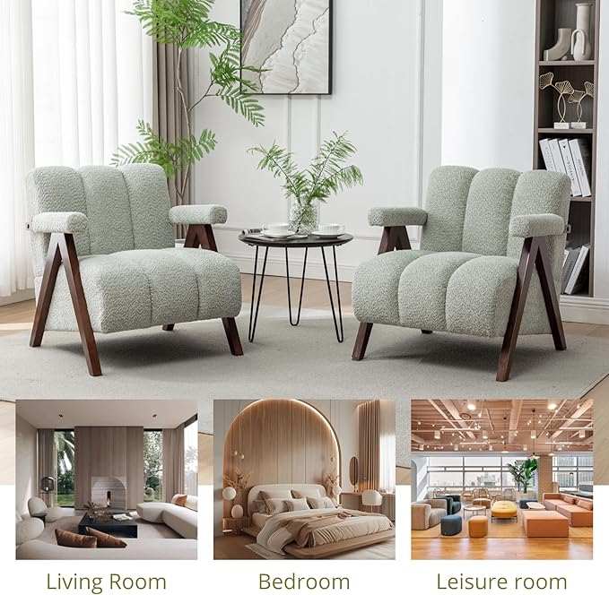 Mid Century Modern Accent Chair with Solid Wood Frame, Boucle Upholstered Living Room Chairs with Thick Cushion, Comfy Tufted Arm Chair for Bedroom, Sage