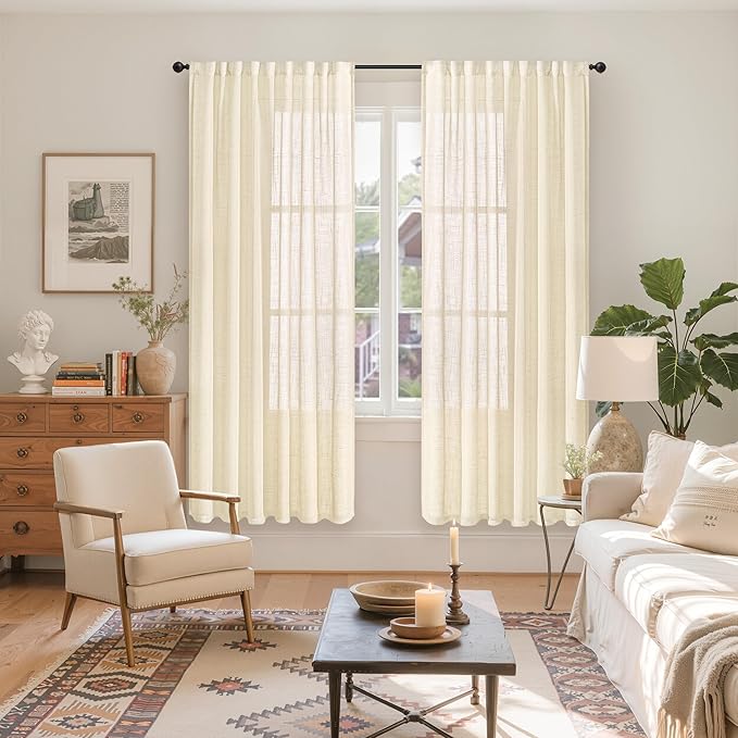 YoungsTex Beige Linen Semi Sheer Curtains 72 Inch Length for Living Room, Cream Light Filtering Window Drapes Textured Rustic with Rod Pocket Back Tab for Bedroom, 2 Panels, 52 X 72 Inch