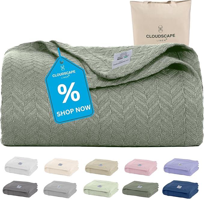 Cloud Scape Linen Herringbone Cotton Throw Blanket for Couch, Bed,Sofa, Home Decor, Soft, Lightweight, All-Season Bed Blanket, 50 x 70, Olive Green