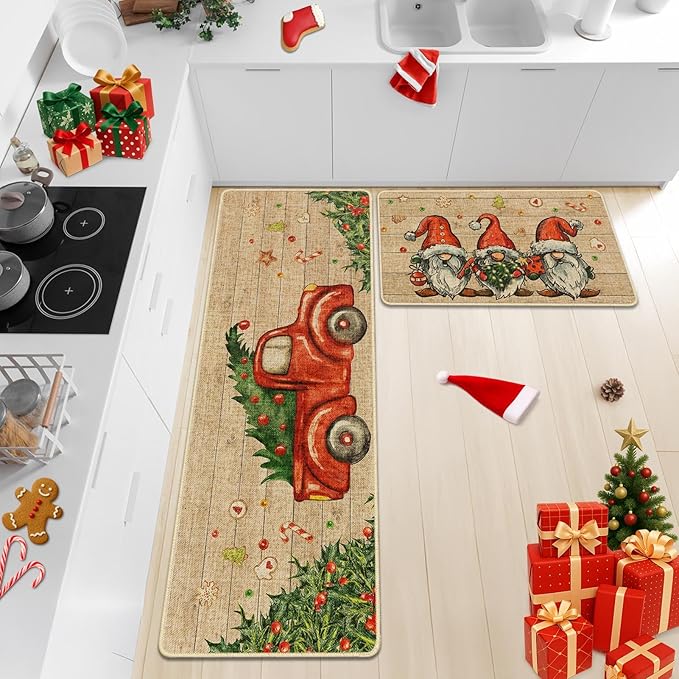 Christmas Truck Gnome Kitchen Rugs and Mats Non Skid Washable Set of 2, Xmas Kitchen Mats for Floor Decor