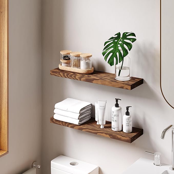 24'' Pine Wood Floating Shelves for Wall- Set of 2 - Rustic Wall Mounted Wooden Shelf for Stylish Home Dรฉcor (Light Walnut, 24x6.5x1.25), 2pcs