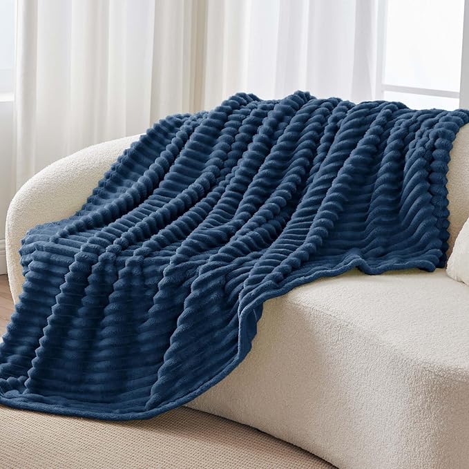 BEDELITE Fleece Throw Blanket for Couch - 300GSM Soft & Warm Fluffy Navy Blanket, Decorative and Giftable Striped Blankets for Women, Men, 50"x70"