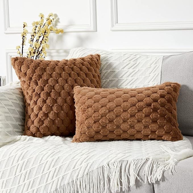 Yaertun Pack of 2 Super Soft Cozy Decorative Throw Pillow Covers Fuzzy Plush Faux Fur Luxury Cushion Cover Pillowcase for Sofa Couch Bed Livingroom 24x24 Inch Brown