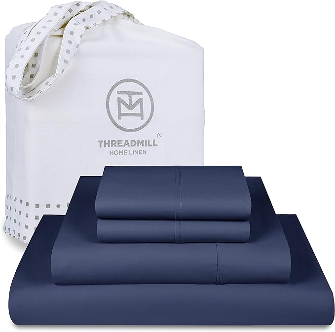 Threadmill Luxury 800 Thread Count California King 100% Cotton Sheets - Folkstone Blue Sateen Weave Bed-Sheets, Better Than Egyptian Cotton, 4 Pc Solid Bed Set, Fits 16" Deep Pocket