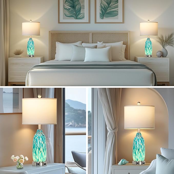 26" Peacock Green Glass Table Lamps Set of 2,Coastal Nautical Bedside Lamps with USB Ports & AC Outlet,Lamparas Elegantes para Cuarto with Night Light for Bedroom Living Room Decoration