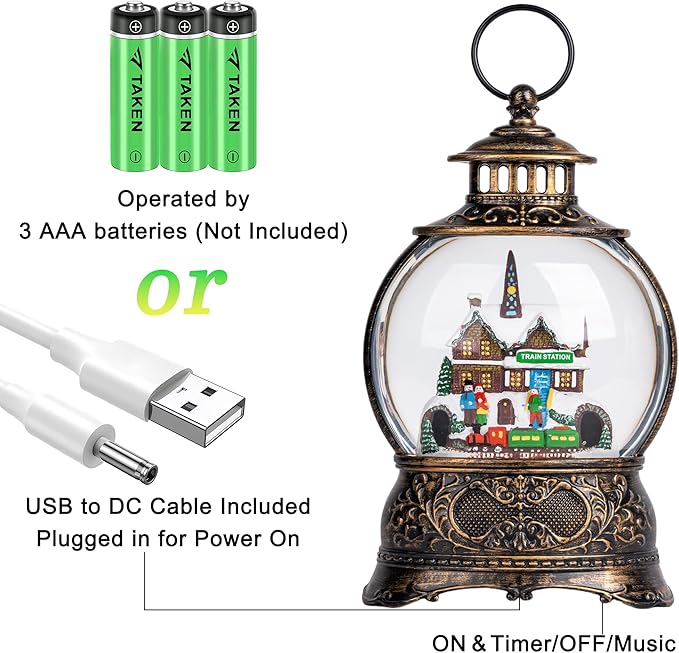 9.8" Christmas Snow Globe Water Lantern with Train Station Scene Battery Operated or USB Powered Musical Lighted Holiday Decoration for Tabletop Display for Family and Friends