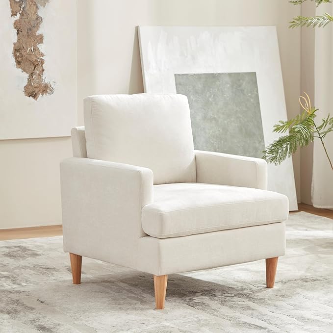 VKNOW Mid-Century Accent Chairs Set of 2, Modern Upholstered Chenille Armchair for Living Room, Comfy Reading Accent Chairs with Wood Legs for Bedroom, Beige