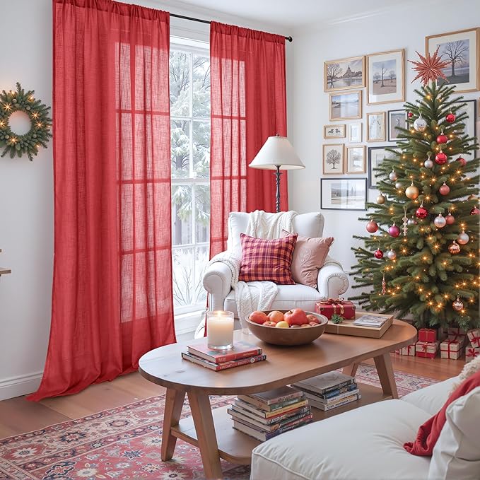 BGment Long Linen Semi Sheer Curtains 102 Inch Length for Living Room, Red Lightweight Window Drapes for Bedroom Christmas Decor with Rod Pocket Rustic Textured, 2 Panels Set, Each 52 Inch Wide