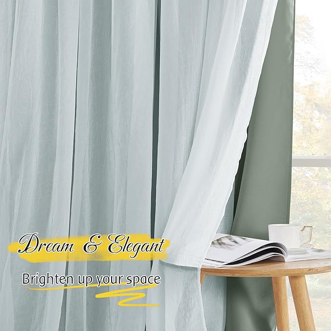 NICETOWN Blackout Curtains 84 inches Long for Bedroom Decor, Sage Green Farmhouse Country Double Layer Curtains with White Crushed Sheer Overlay for Nursery/Loft, 52" Wide x 84" Long, Set of 2