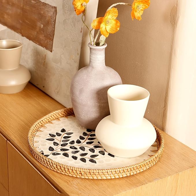 Round Rattan Tray with Mother of Pearl Inlay & Wooden Base - Decorative Wicker Serving Tray for Coffee/Bread/Fruits, Food Storage & Display - Multipurpose Home Decor (M,Little Tree)