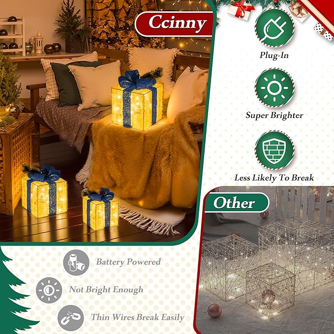 Christmas Decorations, Set of 3 Christmas Lighted Gift Boxes, Pre-lit 60 LED Light Up Present Boxes Warm White Xmas Ornaments for Indoor Outdoor Yard Lawn Home Decor (Blue Bow)