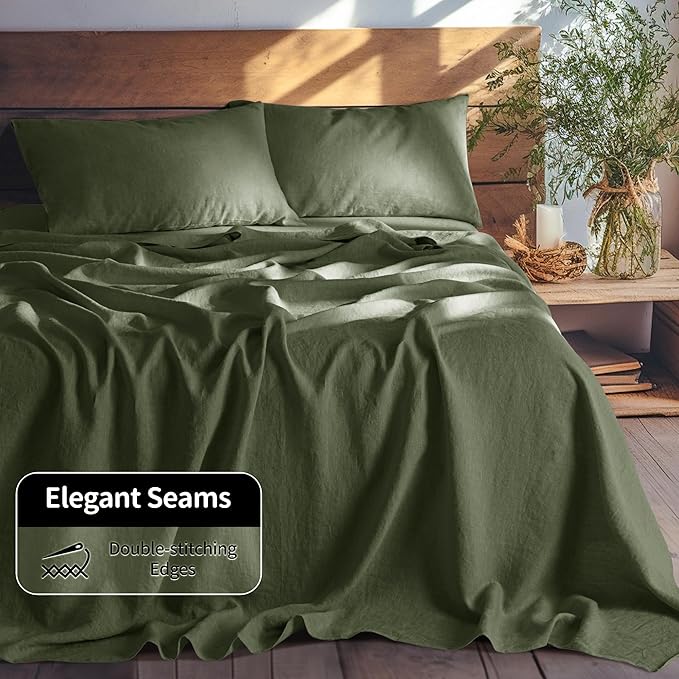 LBRO2M 100% Linen Sheet Set 16" Deep Pocket King Size,Bed Sheets 4 Piece Sets,Solid Color Natural Flax Bed Sheets Soft Breathable Bedding, All Season (King, Olive Green)