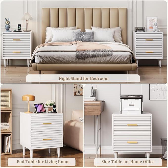 Alohappy Night Stand with Charging Station, Bedside Table with 2 Drawers, Mid Century Modern End Table, Bed Side Table with USB Ports and Outlets, Nightstand for Bedroom, White 1pc