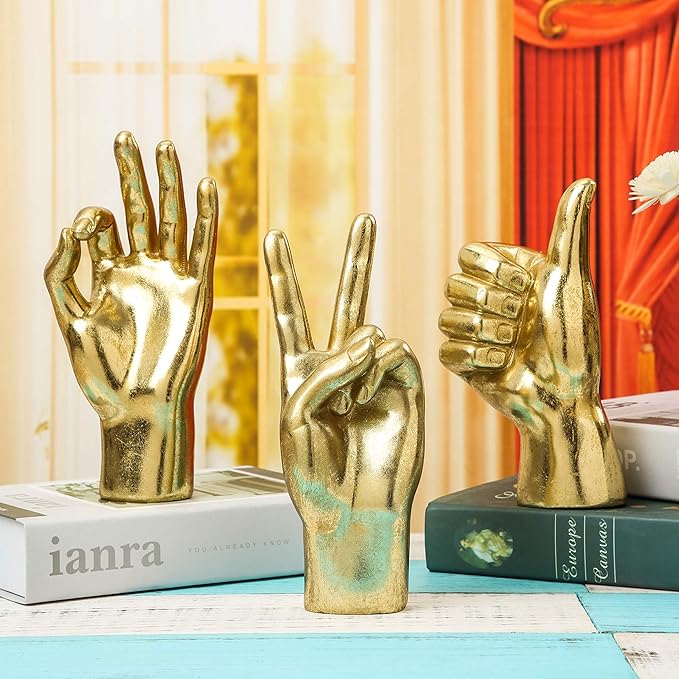 Gold Decor Peace “Victory” ASL Hand Sign, Classic Gesture Hand Sculpture 8.46 Inch Figurine