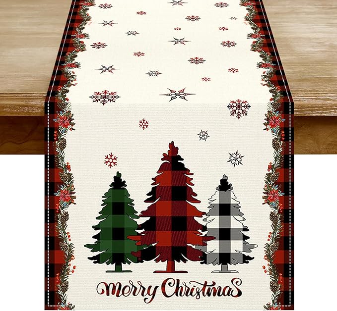 Christmas Table Runner - Xmas Tree Snowflakes Pine Needles Winter Holiday Decorative Farmhouse Table Decorations for Kitchen Dinning, Indoor Outdoor Dinner Party Decor 13x72 Inch