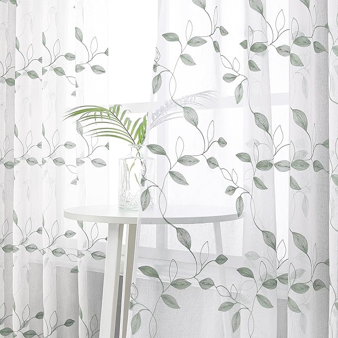 Tollpiz Sage Green Leaf Sheer Curtain Leaves Embroidered Living Room Short Curtains Rod Pocket Voile Window Treatment for Bedroom, 54 x 54 inches Long, Set of 2 Panels
