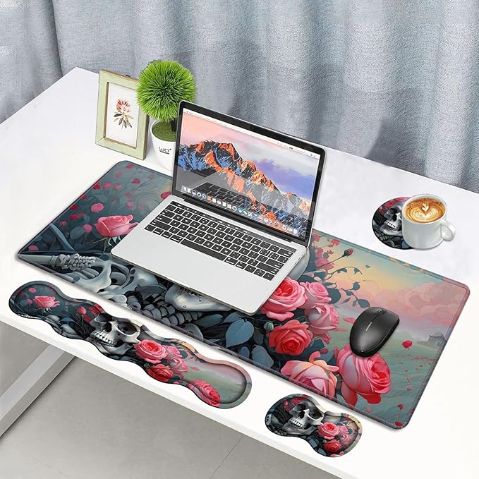 4 in 1 Ergonomic Memory Foam Mouse Pad Wrist Rest Set, Large XXL Gaming Desk Pad + Keyboard Wrist Rest + Mouse Wrist Cushion + Coaster for Home Office Study Gaming, Skull Roses
