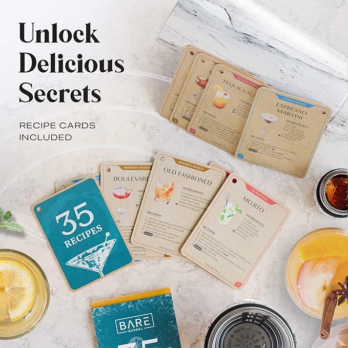 Insulated Cocktail Shaker Set | Double Wall Stainless Steel | Martini Shaker for Home Bar Bartending | Built-in Drink Measurement System & Strainer, Travel Bag, 35 Recipes | Gift Set (Marble)