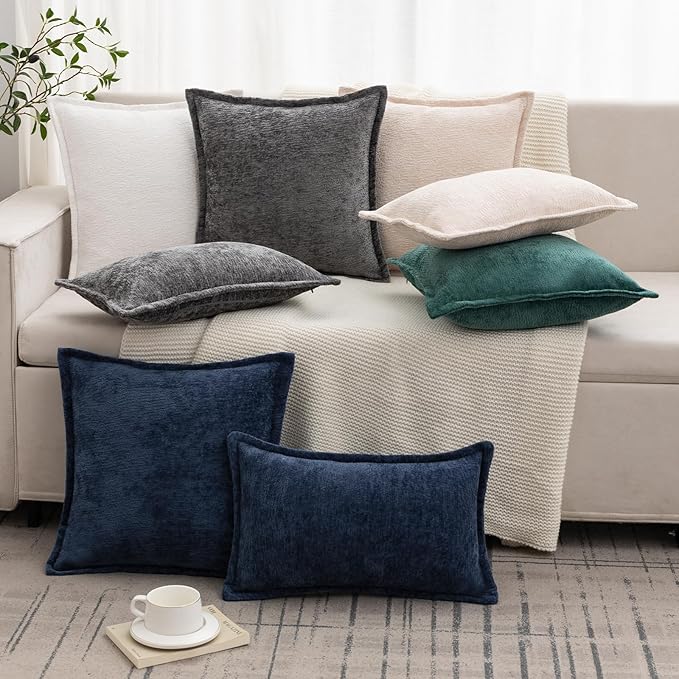 Navy Blue Decorative Throw Pillow Covers 12x20 Inch Set of 2 Cozy Soild Chenille Cushion Cases Soft Textured Lumbar Couch Pillows Cover Boho Accent Farmhouse Pillowcases for Sofa Bed