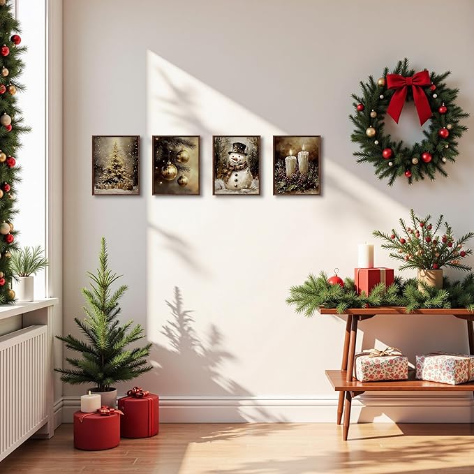 DOFQZ Vintage Christmas Wall Art Prints Set of 4, Farmhouse Christmas Decor, Moody Rustic Xmas Tree Gold Bauble Ball Candle Snowman Posters for Home Living Room Decor, 8x10 Unframed