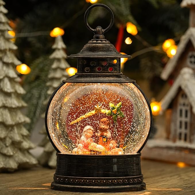 Christmas Nativity Snow Globe, 12" Musical Lighted Christmas Snow Globe Lantern, Christmas Nativity Set Indoor, Swirling Glitter Lanterns with Timer, Battery Operated/USB Powered Christmas Home Decor