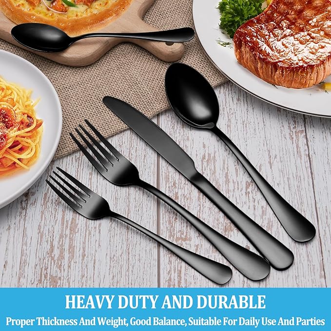20 Pcs Black Silverware Set, Stainless Steel Flatware Set Service for 4, Mirror Polished Cutlery Utensil Set, Durable Home Kitchen Eating Tableware Set, Include Fork Knife Spoon Set, Dishwasher Safe