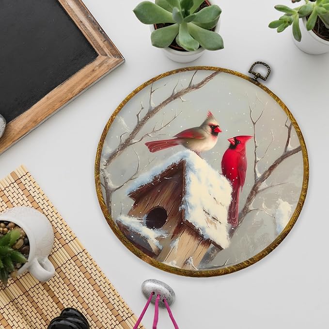 XPH Rustic Winter Cardinal Bird Round Wall Art Framed, Farmhouse Red Cardinal Circle Wall Decor, Cozy Winter Bird Hanging Canvas Prints for Home Bedroom Living Room Decoration, 10x10 Inch