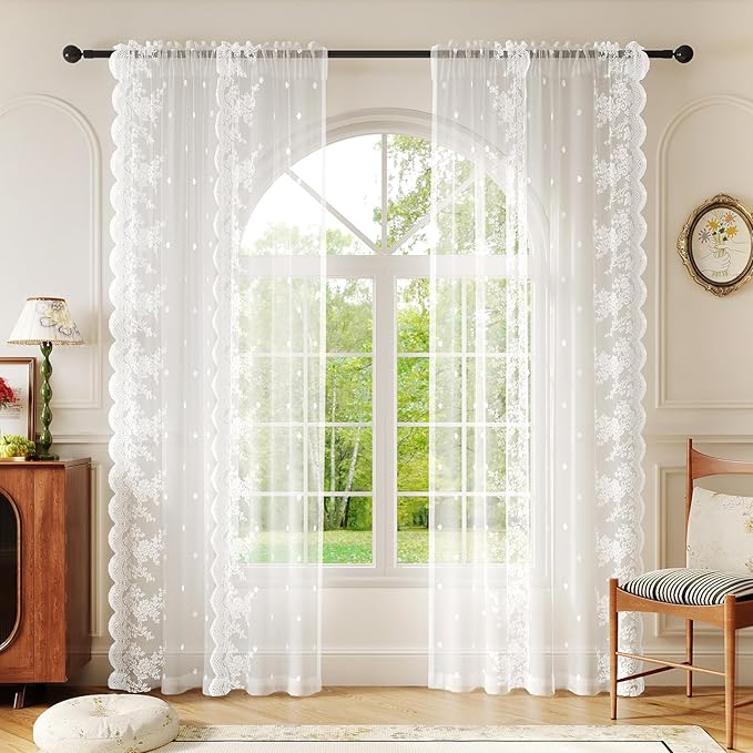 White Lace Sheer Curtains – Vintage Floral Lace for Living Room/Bedroom, Airy Light Filtering Rod Pocket Drapes, Privacy Elegant Chic Victorian Pattern Design, 52W x 63L Inch, 2 Panels