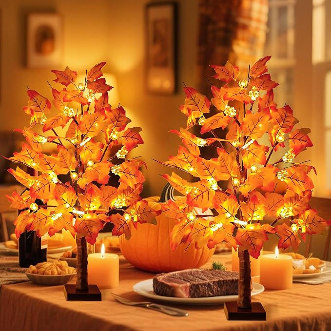 2 Pack 24 Inch Lighted Fall Maple Tree for Fall Decorations with 48 LED Timer Battery Operated Artificial Fall Light up Trees for Home Indoor Outdoor Autumn Harvest Thanksgiving Table Decor
