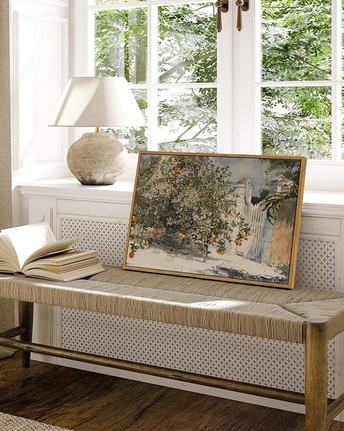 VIYYIEA Plant Large Framed Wall Art, Orange Trees and Gate Vintage Art Decor Room Aesthetic, 16X24 Inch Canvas Print Art, Farmhouse Still Life Painting Wall Decor for Bedroom Bathroom Office