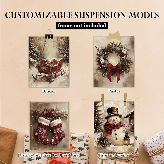 DOFQZ Vintage Christmas Wall Art Prints Set of 4, Rustic Red Christmas Decor, Farmhouse Holiday Winter Red Sleigh Stocking Wreath Snowman Posters for Home Living Room Bedroom Decor, 8x10 Unframed