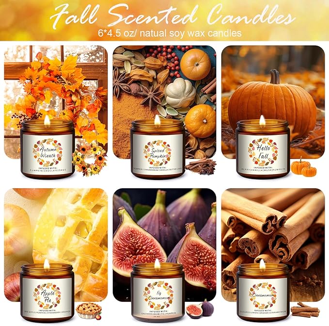 Fall Candle Gifts Set,6 Pack Scented Candles for Home Decor- Autumn Scent of Berry,Sugared Lemon,Spiced Apple,FIG Pumpkin,Cinnamon,Autumn Decorations for Home, Fall Candle Gifts Basket for Women