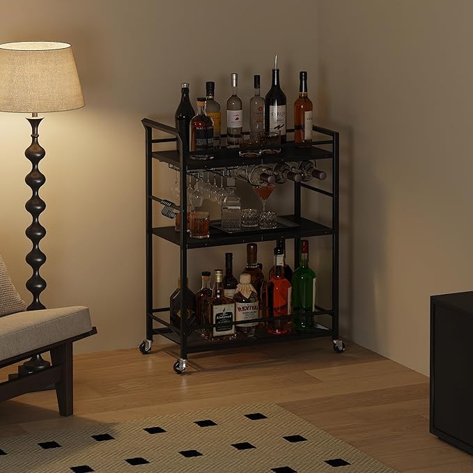 3 Tier Bar Cart, Home Bar Serving Cart with Wheels, Small Rolling Beverage Cart with Glass Holders, Mini Drink Cart with Wine Rack for Kitchen Dining Living Room Black GBC507B