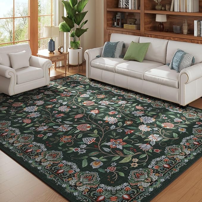 Rugcomf Vintage Paisley Rugs for Living Room 5'x7' - Machine Washable Area Rug, Non-Slip Low Pile Floral Carpet for Bedroom, Dining Room, Farmhouse, Office, Kids Playroom - Green
