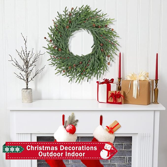 26 Inch Christmas Wreaths for Front Door with Red Berry Real Touch Large Artificial Xmas Winter Pine Cedar Wreaths for Windows Outdoor Christmas Home Yard Farmhouse Wall Front Door Porch Hanging Decor