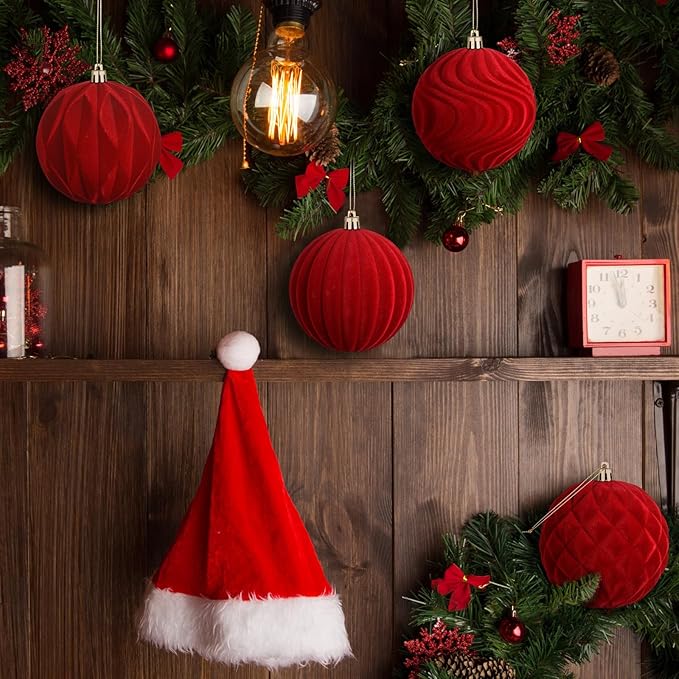 4 Pcs 4 Inch Large Velvet Christmas Ball Ornaments Vintage Christmas Plastic Ball Ornaments Flocked Tree Hanging Decoration for Xmas Party Wedding Home Decor(Red)