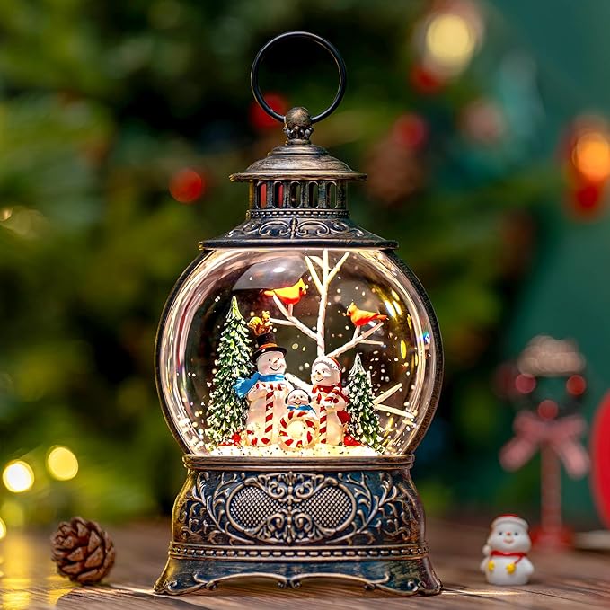 9.8" Christmas Snow Globe Water Lantern with Joy and Snowman Family Scene Battery Operated or USB Powered Musical Lighted Holiday Decoration for Tabletop Display for Family and Friends