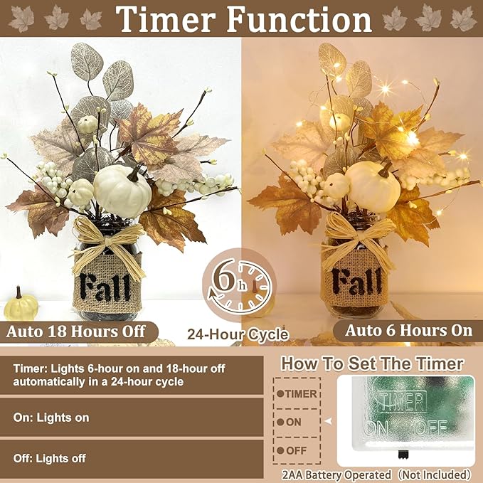2 Pack 13.5 Inch Fall Decorations for Home Fall Table Centerpieces with 20 LED Lights Timer, Mason Jar with Maple Leafed Pumpkins Berried Thanksgiving Fall Home Decor for Table Coffee Table Bathroom