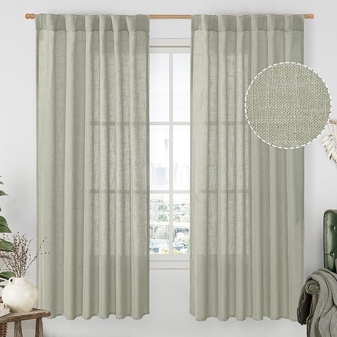LAMIT Sage Grey 72 inch Linen Curtains for Living Room 2 Panels, Linen Textured Light Filtering Semi Sheer Back Tab and Rod Pocket Farmhouse Curtain Panels for Bedroom/Farmhouse, 52 x 72 Inch
