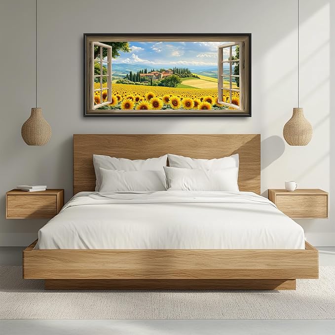 Sunflower Wall Art, Italy Pictures Wall Decor, Window Flower Canvas Prints Painting, Modern Large Framed Artwork For Living Room Office Bedroom Corridor 60"x 30"