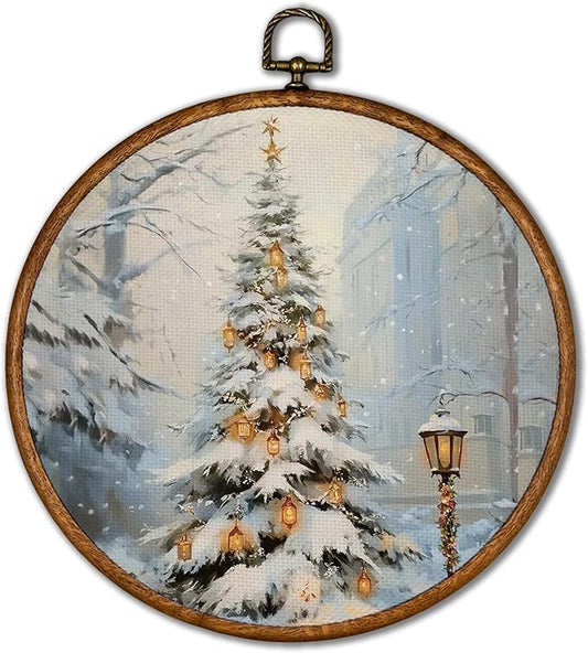 KSDUT Vintage Christmas Wall Decor Art - Retro Snow Christmas Tree Wall Art Canvas Frame Hanging Prints, Merry Xmas Holiday Round Wall Art Decor for Home Farmhouse Decorations 10"x10"