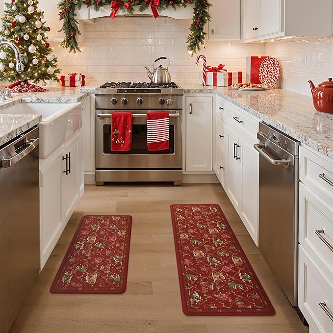 GENIMO Christmas Decorations - Kitchen Mats for Floor, 2PCS Christmas Kitchen Rugs, Cushioned Anti Fatigue Mat for Home Decor, Waterproof Non Slip Standing Mat for Laundry, 17.3"x47"+17.3"x30", Red