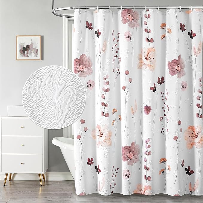 QiyI Extra Long Shower Curtain 72 x 84, Modern Watercolor Floral Shower Curtain, 3D Embossed Texture Pink Brown Flower Cloth Bathroom Curtain, Waterproof Fabric Farmhouse Bath Curtain Set with Hooks