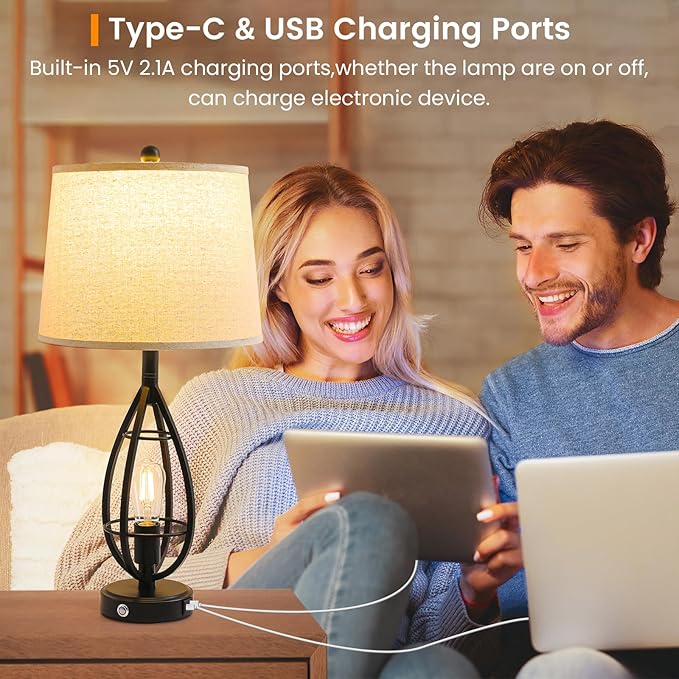 27.8" Farmhouse Table Lamps for Living Room Set of 2,Black Lamps for Night Stands with USB A+C,Dimmable Touch Industrial Bedside Lamps,Rustic Lamp for Bedroom End Tables