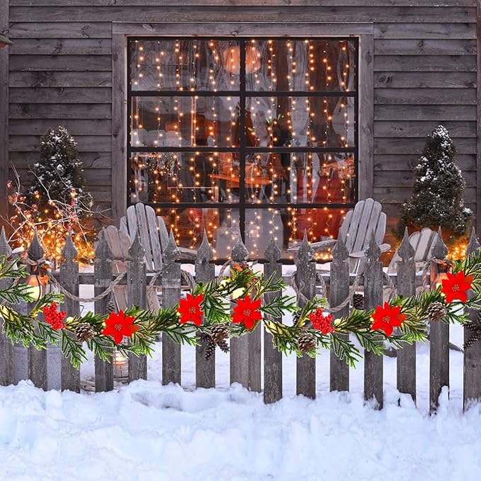 Juegoal 2 Pack Christmas Garland, 9' Pre-lit Artificial Xmas Flocked Garlands, Lighted Poinsettia Spruce Timer & Battery Operated with Lights, Garden Home Winter New Year decor, Geen, Red (YO-TTSZ-2)