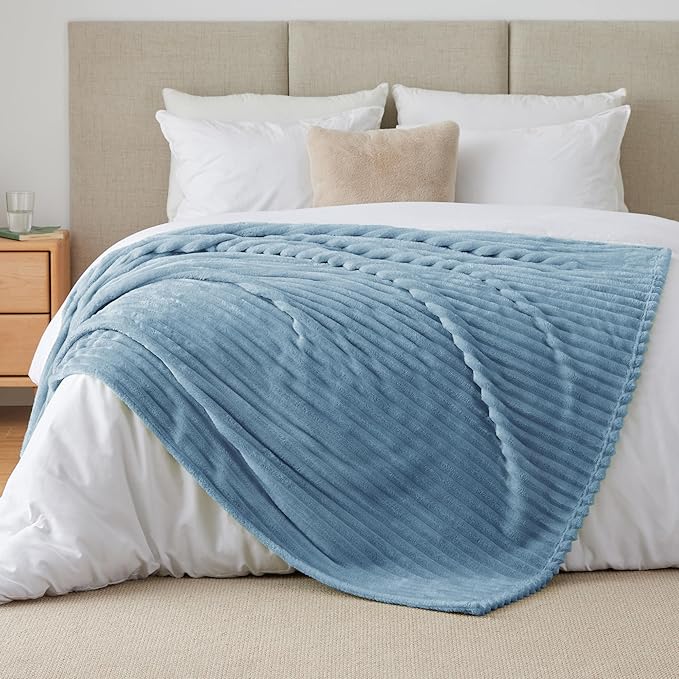 BEDELITE Fleece Throw Blanket for Couch - 300GSM Soft & Warm Fluffy Light Blue Blanket, Decorative and Giftable Striped Blankets for Women, Men, 50"x60"